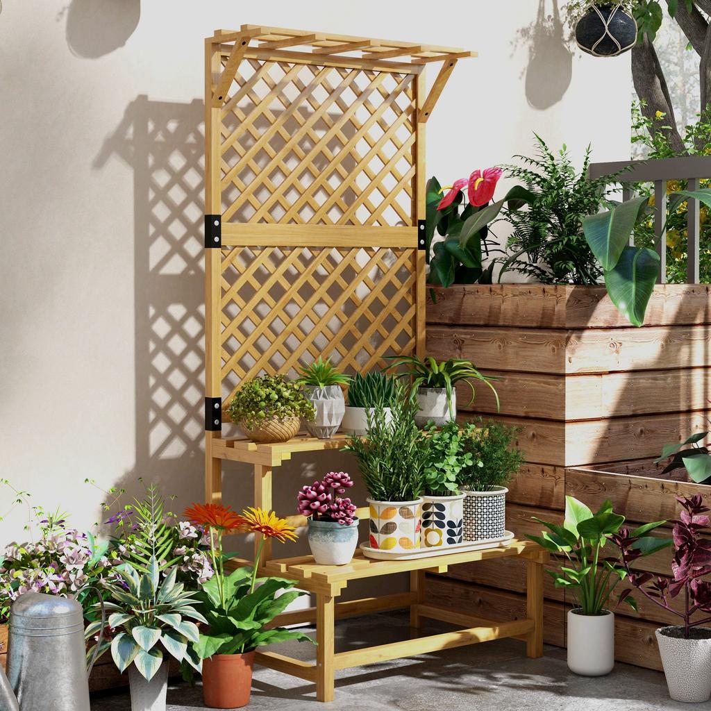 Plant Stand Flower Shelf 2 Tiers With Trellis And Roof Fir Wood 75x50x166cm Yellow