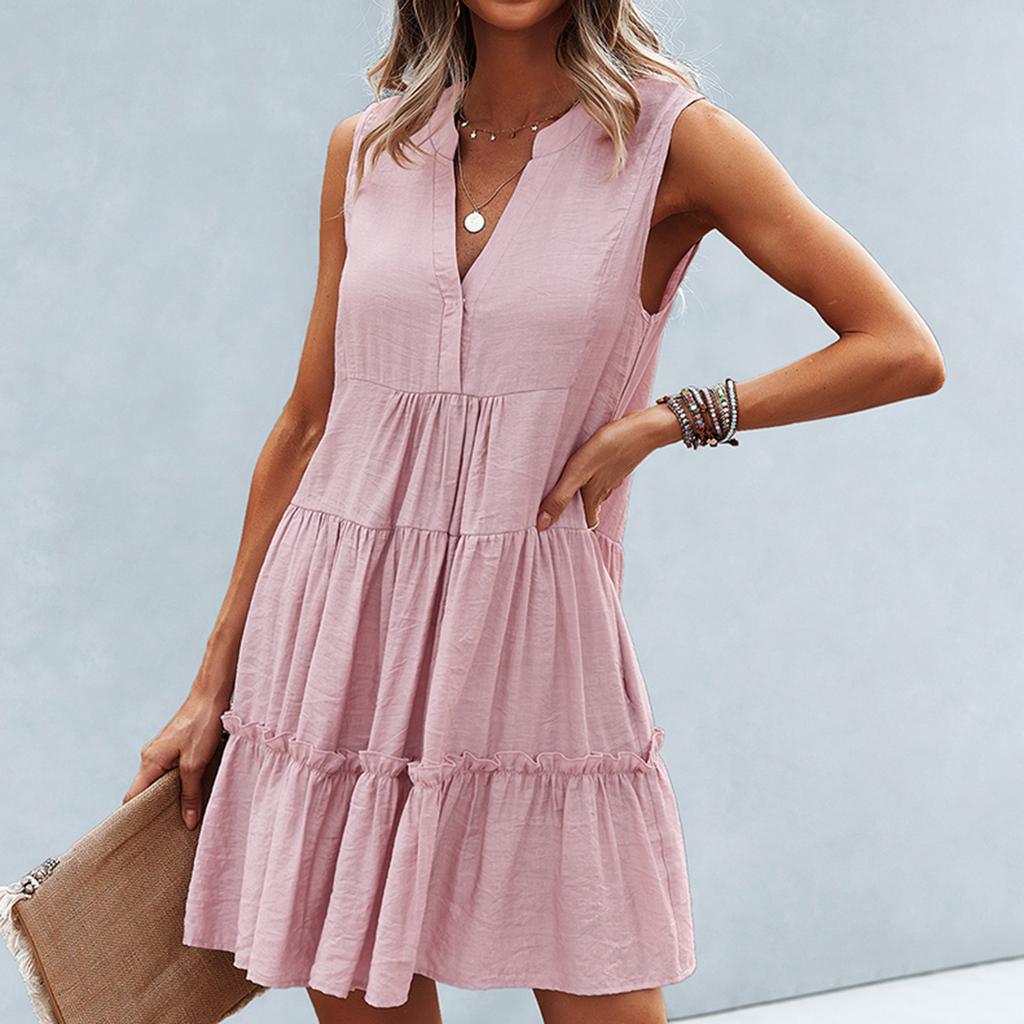Женские летние повседневные однотонные платья без рукавов с v-образным вырезом Короткие платья для пляжного отдыха