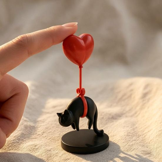 Плавающая фигурка-шарик в форме сердца с кошкой, 3D-печать, милая статуэтка черной кошки, романтическое настольное украшение для гостиной, спальни, книжной полки, тумбочки