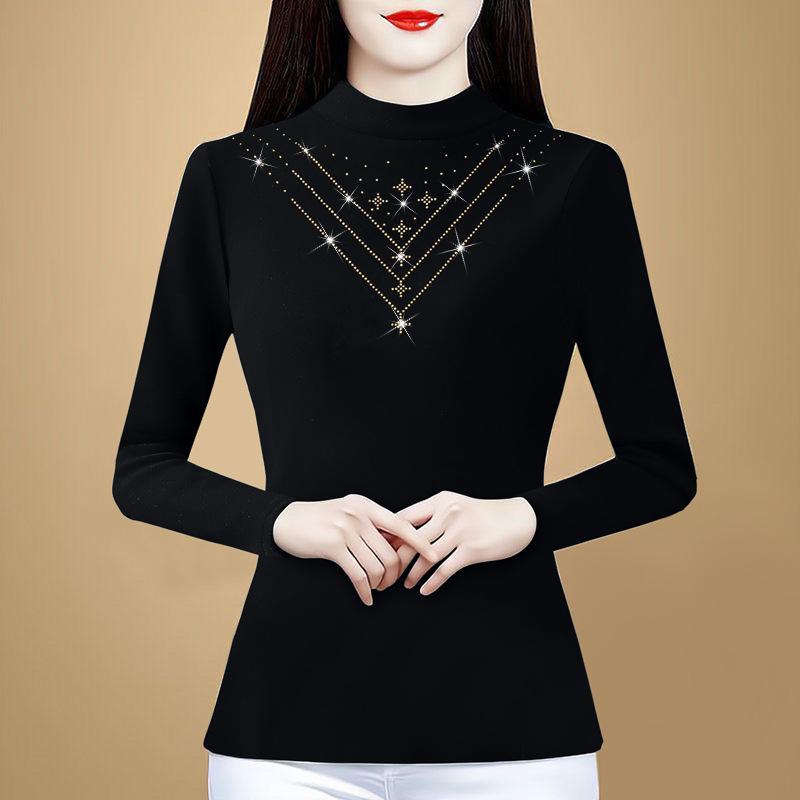 Semi-turtleneck Bottoming Shirt Women's Spring New Inner Fit Slim-fitting Velvet Thermal Top Long-sleeved T-shirt