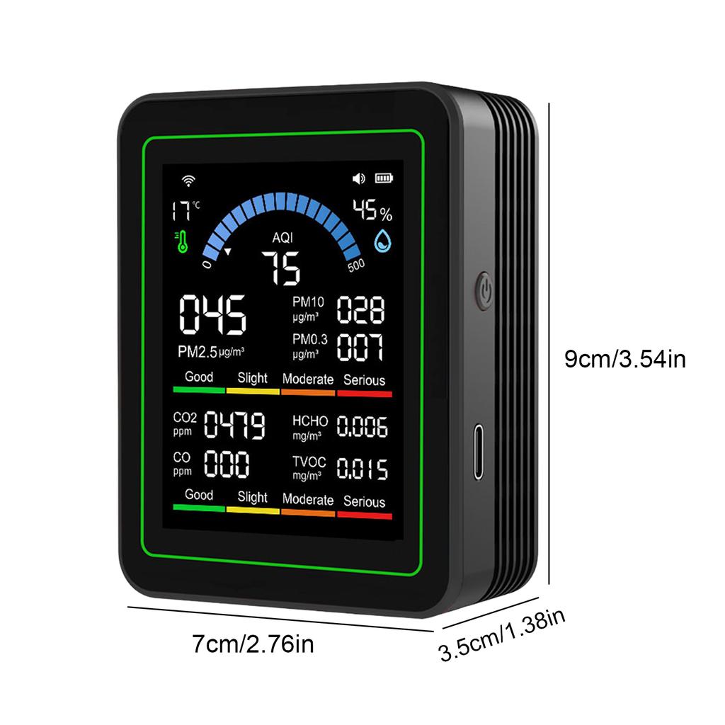 Детектор качества воздуха 10-в-1, 2,8", CO2, Формальдегид, PM2.5, TVOC, Температура, Влажность, Зарядка Type-C, для дома и офиса