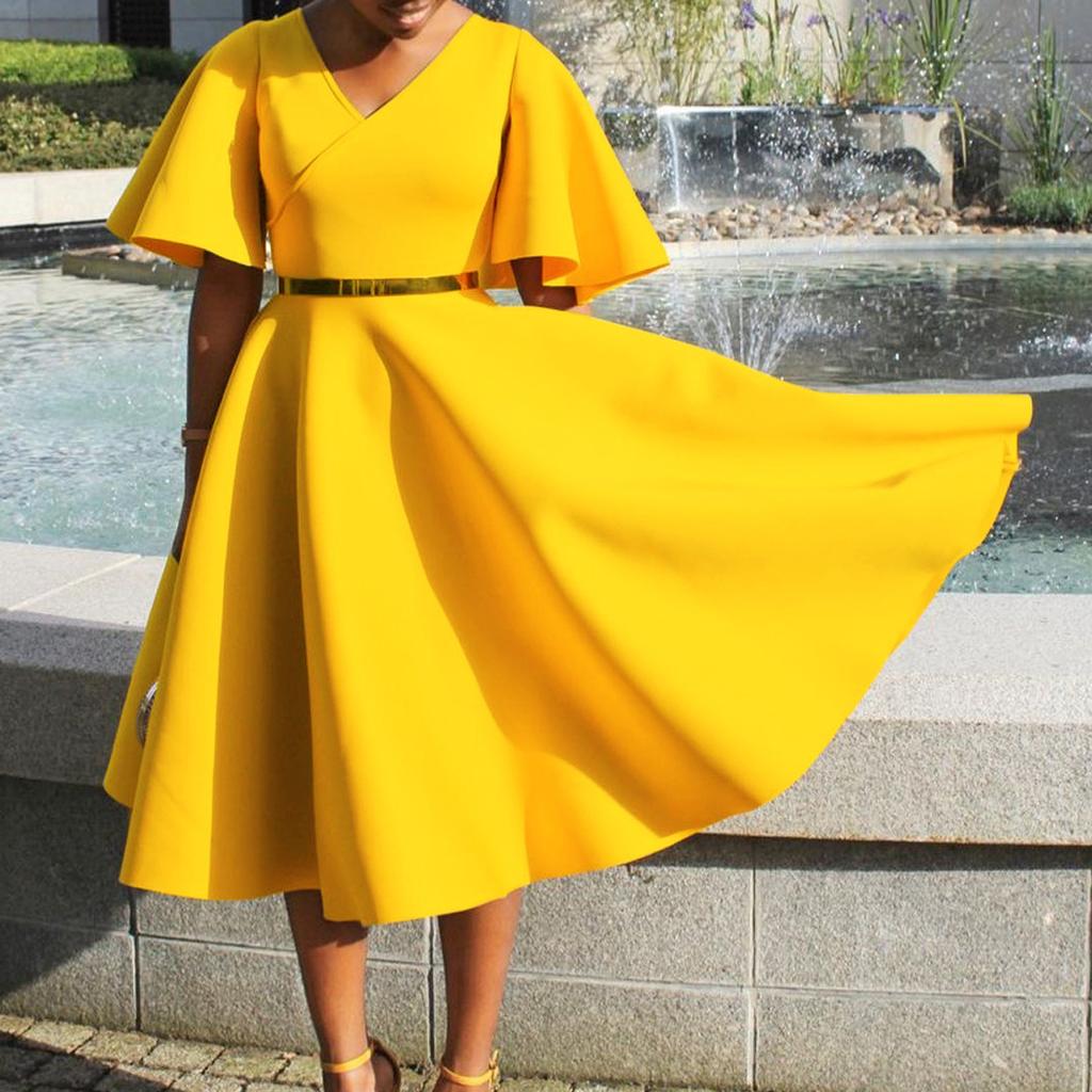 Летнее женское платье больших размеров с расклешенными рукавами и v-образным вырезом, модное темпераментное платье с большой юбкой и подолом