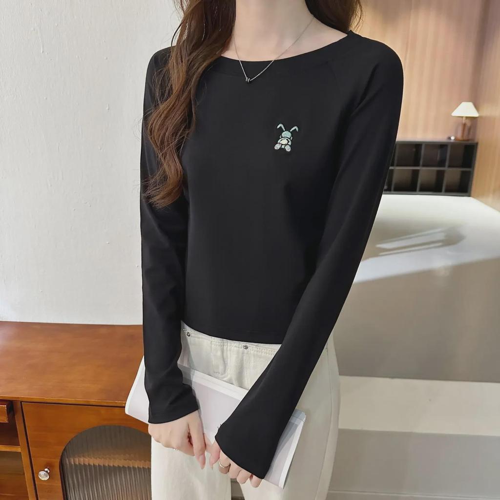 Женский топ из хлопка с длинными рукавами и круглым вырезом, осень 2024 года, вышитый