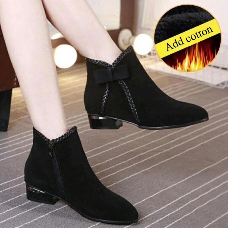 2024 Autumn Winter Women's PU Short Boots Ladies Fashion Bow Side Zipper Middle Warm Casual Elegant Suede Ankle Boots Plus Size