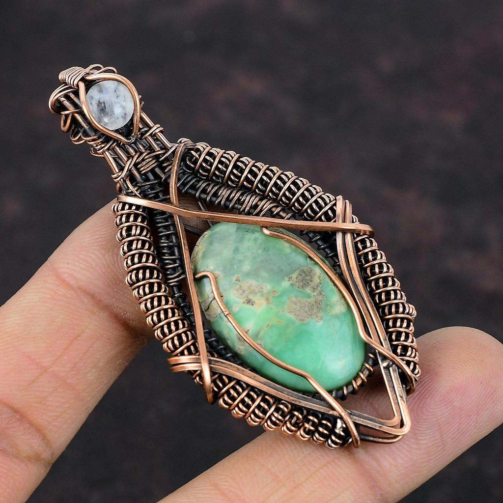 Variscite Pendant Copper Wire Wrapped Pendant Gemstone Copper Jewelry Rainbow Moonstone Pendant Engagement Gift Handmade Variscite Jewelry