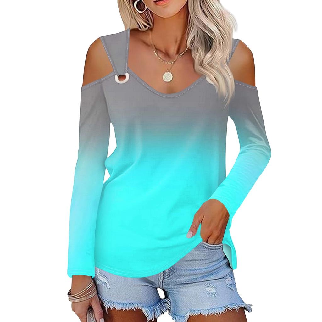 Women's Casual Shirt Blouse Print V-neck Sexy Cold Shoulder Long Sleeve Top