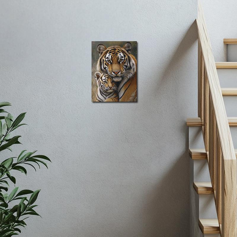 Charming Tiger Family Canvas Art Print,Frameless Modern Oil Painting Style Wall Decor for Living Room, Bedroom, Dining Area