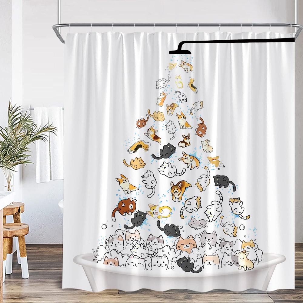 Смешная мультяшная шторка для душа с животными, морская жизнь, купающийся пес, кошка, декор для детской ванной комнаты, детская полиэстеровая занавеска для ванны с крючками