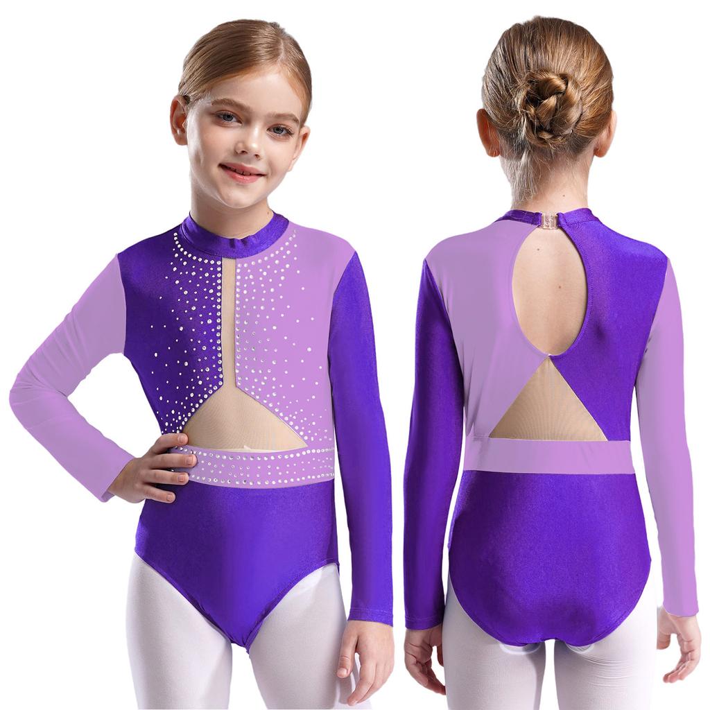 Гимнастический купальник для девочек, фигурное катание, балетные купальники, длинный рукав, стразы, сетчатый комбинезон, танцевальная одежда, боди для джазовых танцев, костюм для латинских танцев