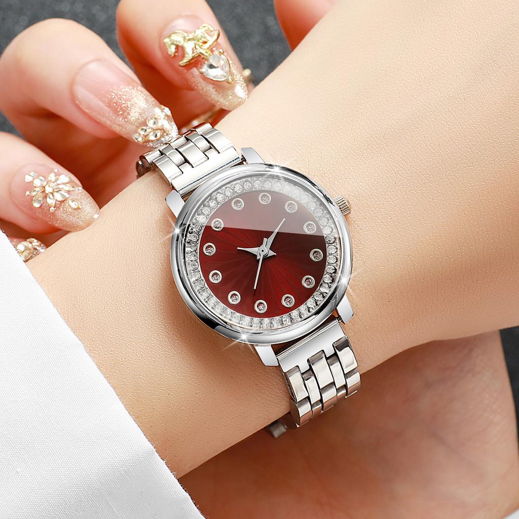 Xiaomi Luxury Red Dial Rhinestone Women Watches Stainless Steel Band Elegant Ladies Quartz Wristwatch Relogio Feminino (Without Box)