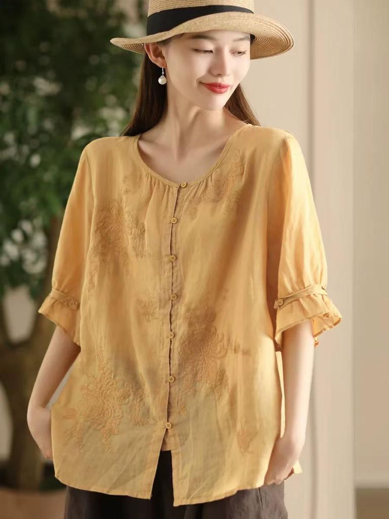 Johnature Women Chinese Style Embroidery Floral Shirts O-Neck Half Sleeve Tops Summer Loose Solid Color Shirts