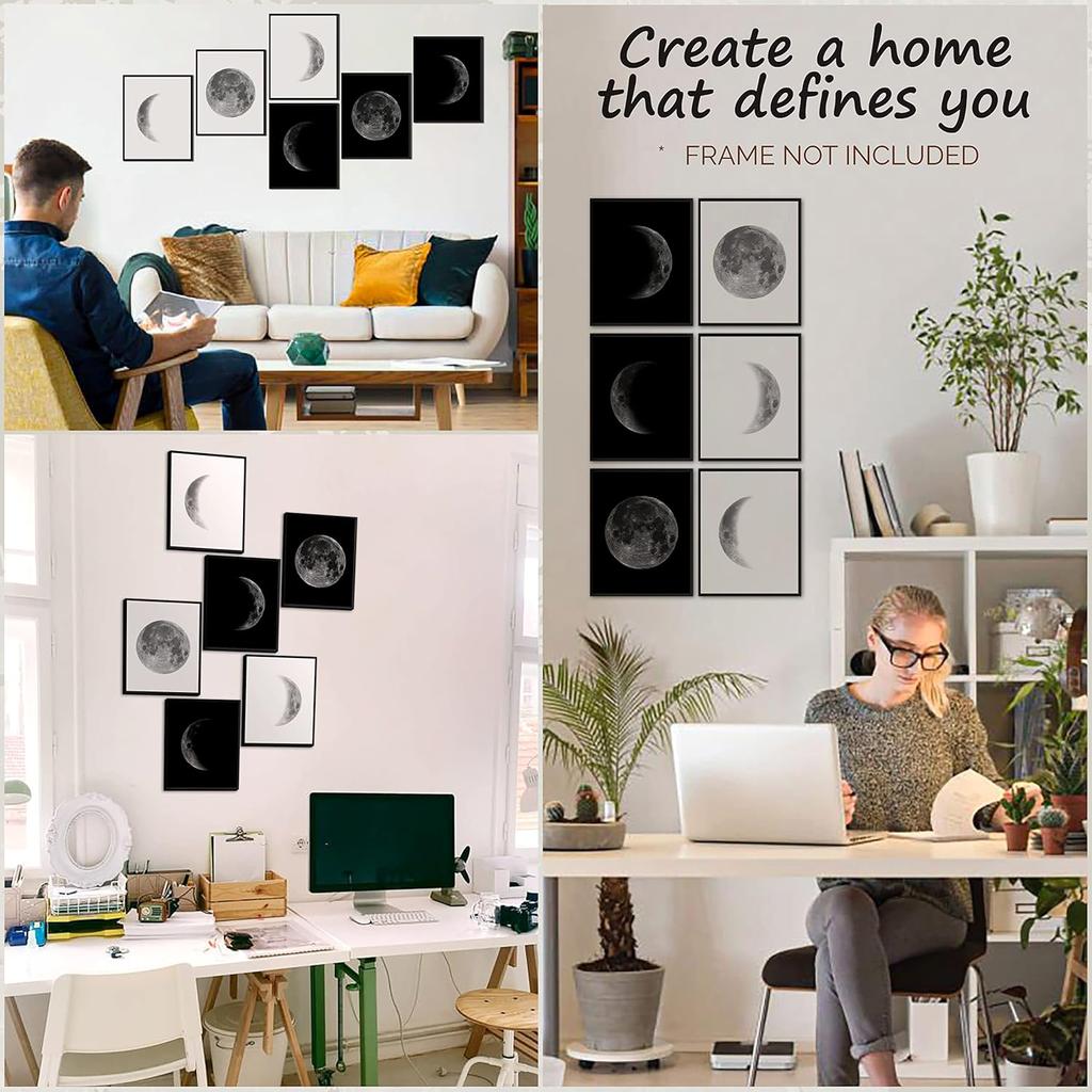 97 Decor Moon Poster Decor - Phases Of The Moon Wall Art, Moon Phase Cycle Art Prints, Vintage Black and White Night Posters for Bedroom Decoration