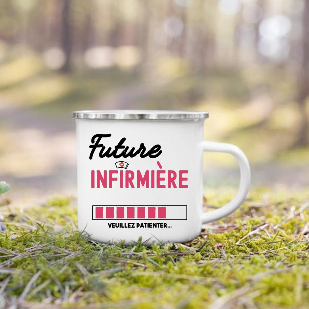 Best Nurse French Printed Enamel Mugs Drink Wine Juice Mug Dessert Cocoa Milk Handle Cup Coffee Cups Best Gift for Infirmiere