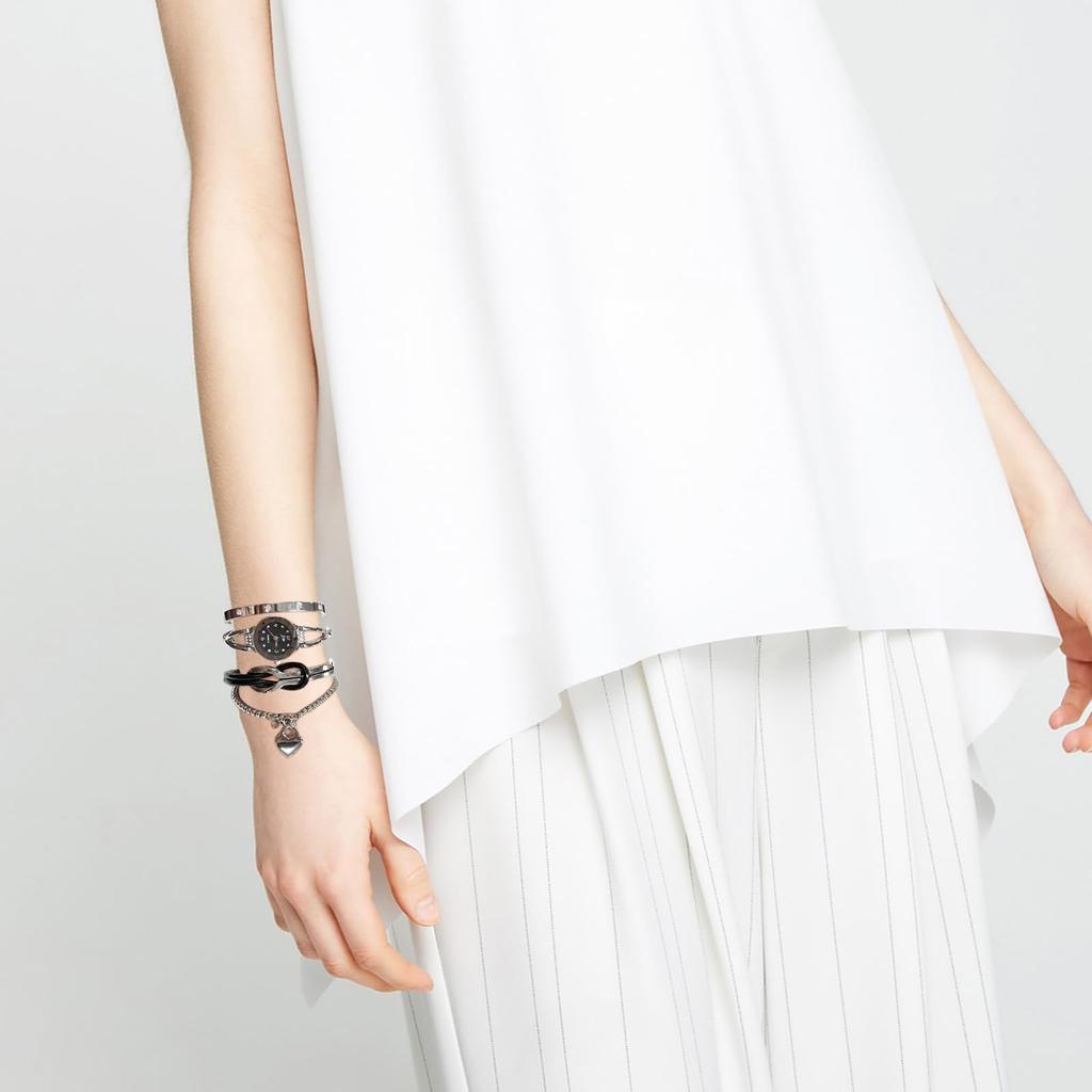 Cute Stainless Steel Bangle Silver Infinity Code Heart Bracelet Waterproof Quartz Watch Bracelet 4 Piece Set Christmas Day Gift for Mother Women's