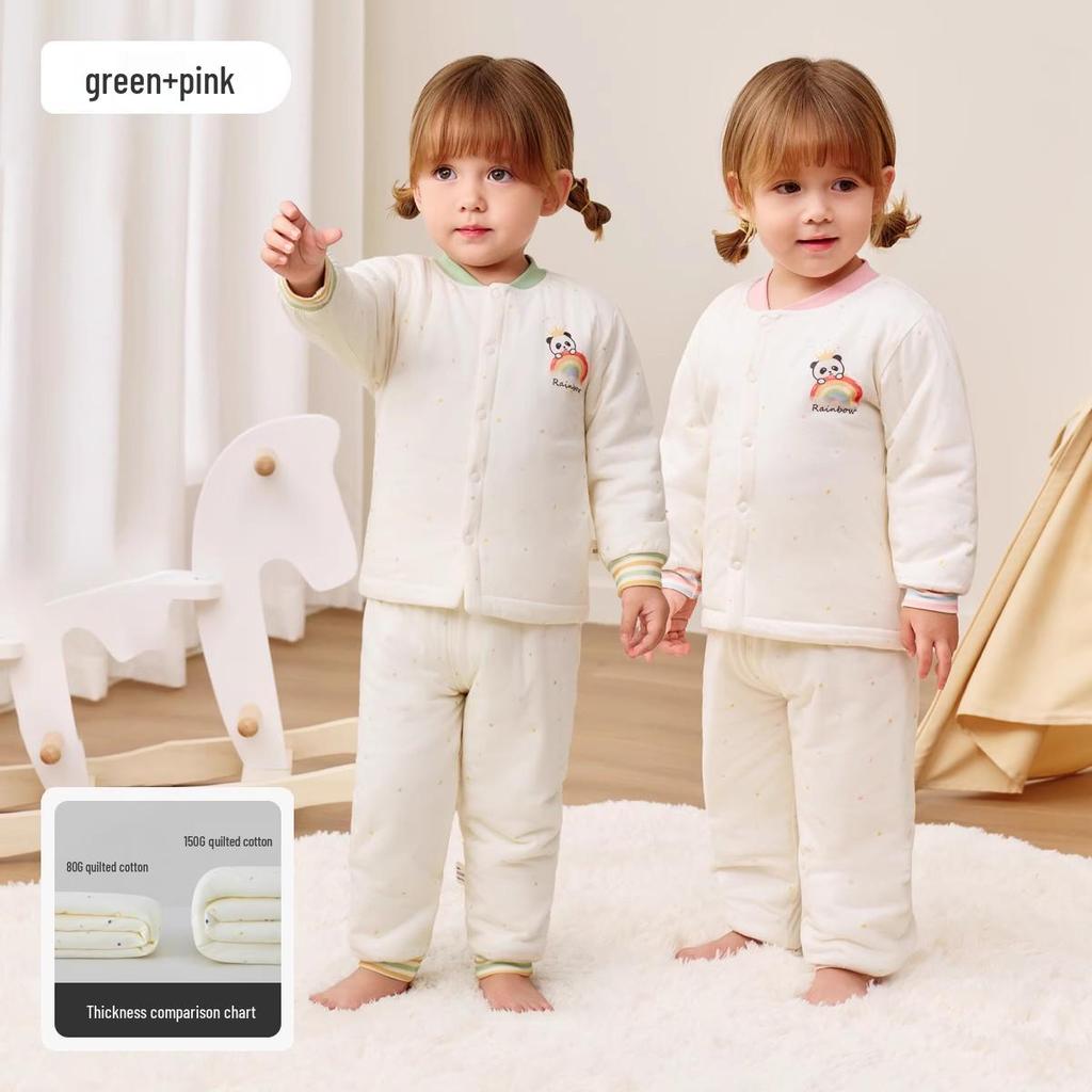 Детский пижамный комплект Jingqi из стеганого хлопка с высокой талией и защитой животика - Теплая, регулирующая температуру домашняя одежда для осени и зимы