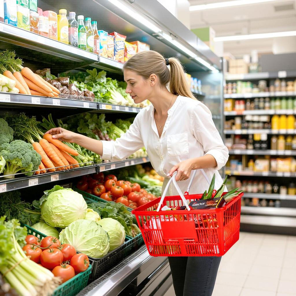 Shopping Baskets, 12 PCS, 21L Stackable PE Plastic Grocery Baskets with Handles, Dense Mesh Structure, Holds up to 9.07kg, Portable for Grocery,