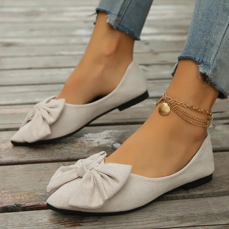 2024 Summer Fashionable and Comfortable Pointed Simple Bow Casual Large Size Wear-Resistant Women's Flat Shoes Zapatos Mujer