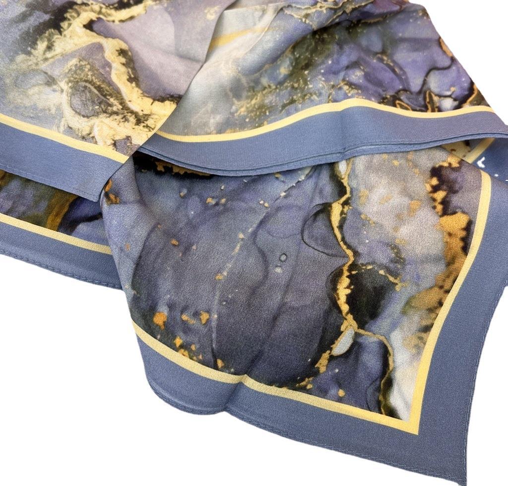 Blue Gilt Double Crepe Silk! Mulberry Silk Silk Scarf For Women'S Spring And Summer Temperament With Decorative Scarf Streamer