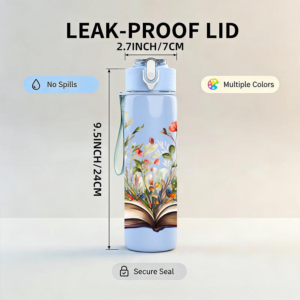 1PC Open Book Wildflower Bouquet 750ml Color Plastic Sports Water Bottle Leakproof Flip Straw Lid Suitable for Sports Office Home Use