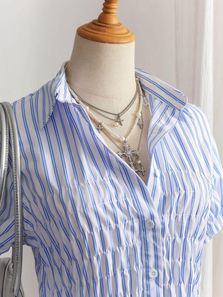 Летняя ретро рубашка в клетку Color Block с лацканами 2025 - Приталенная, с коротким рукавом