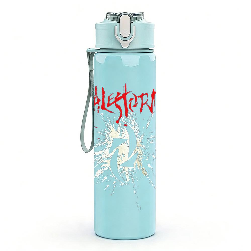 1PC Faint vintage band sketch print 750ml colorful plastic sports water bottle leakproof pop up lid with straw for outdoor work home use