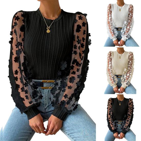 Женская рубашка, прозрачная сетка, цветочная аппликация, круглый вырез с длинным рукавом, однотонный пуловер, мягкий лоскутный свитер с твист-текстурой, OL, коммутационный топ