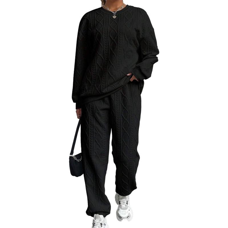 VEZFAA Женские Модные Повседневные Весенне-Осенние Однотонные с Принтом Длинный Рукав Круглый Вырез Брючные Костюмы