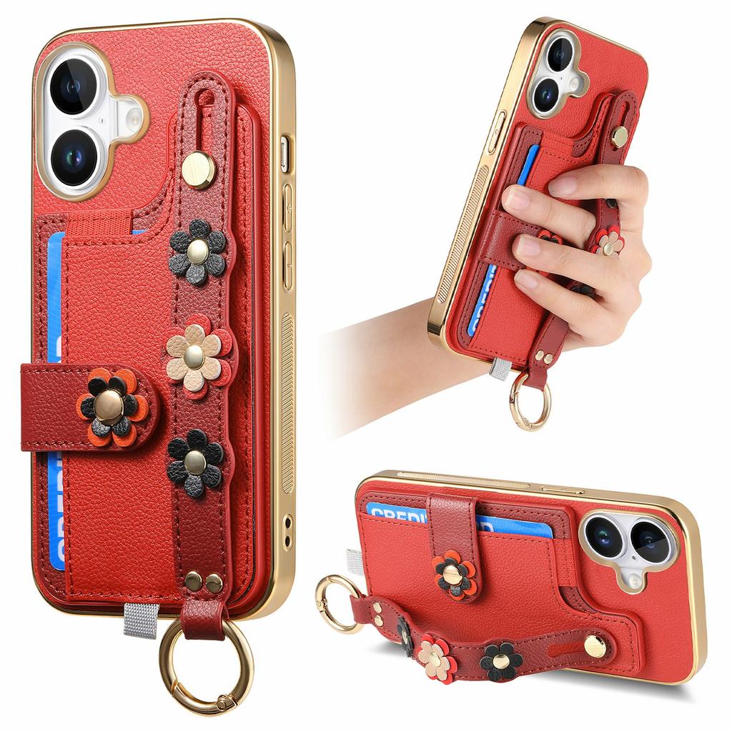 For iPhone 16 Case Card Holder Leather Back Cover 3D Flower Wristband - Purple