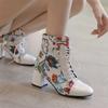 Женские полусапоги до щиколотки с квадратным носком, толстый высокий каблук, шнуровка, молния и вышивка, разноцветная женская модная обувь, осень-зима