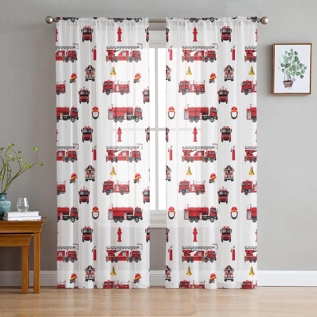 Cartoon Fire Truck Gray Sheer Curtains for Bedroom Living Room Decoration Window Curtain for Kitchen Tulle Voile Organza Drapes