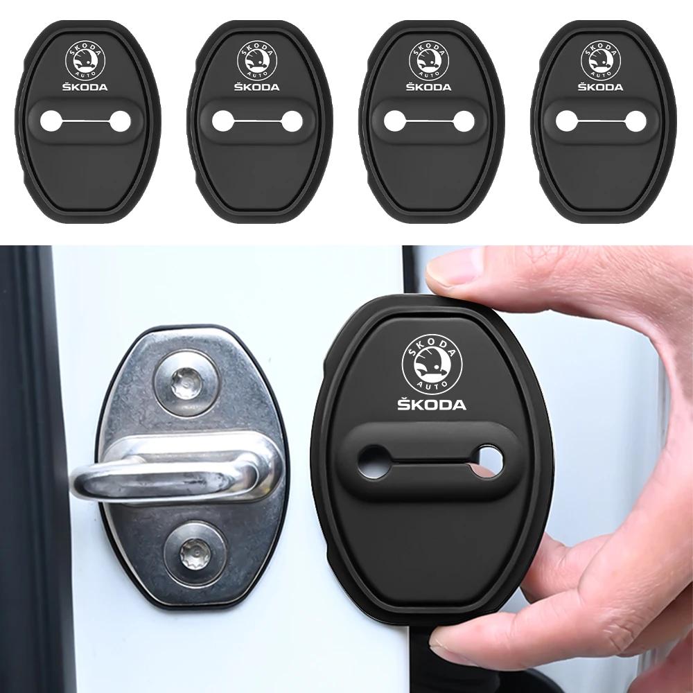 FMO3 4pcs Silicone Car Door Lock Cover Interior Accessorie for Skoda Rapid Fabia Octavia Roomster Yeti Superb Kodiaq Kamiq Citigo VRS