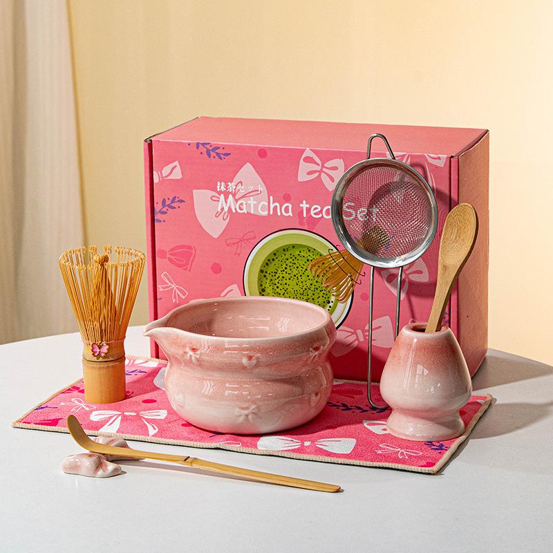 8pcs Authentic Japanese Tea Ceremony Set - Pink Ceramic Matcha Bowl with Whisk Stand
