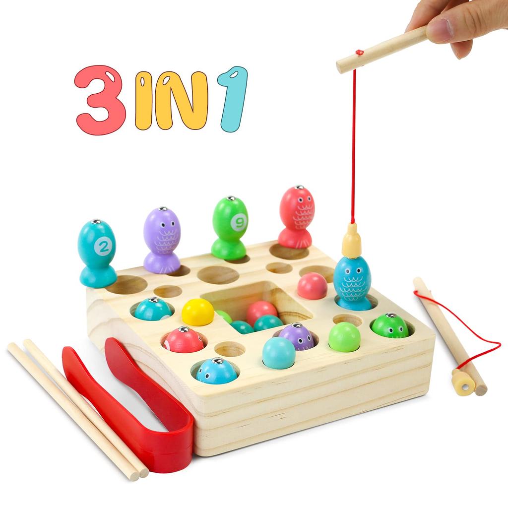 Montessori Toys for Girls Boys Montessori Toys 3 In 1 Fishing Game Bright Color Wooden Fishing Toys Toys for Girls Children Toys Magnetic Toys Toys