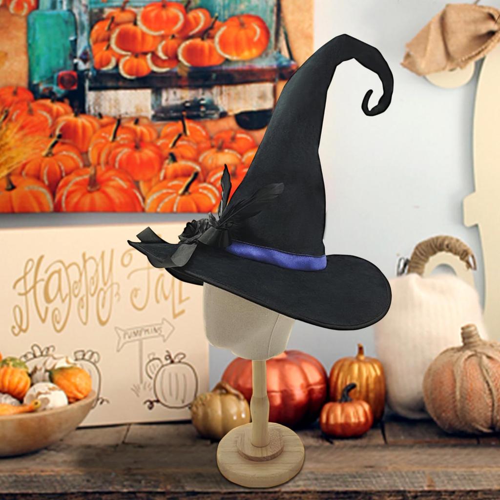 Halloween Witch Hat With Wide Black Flower Feather Velvet Halloween Costume Accessories For Women