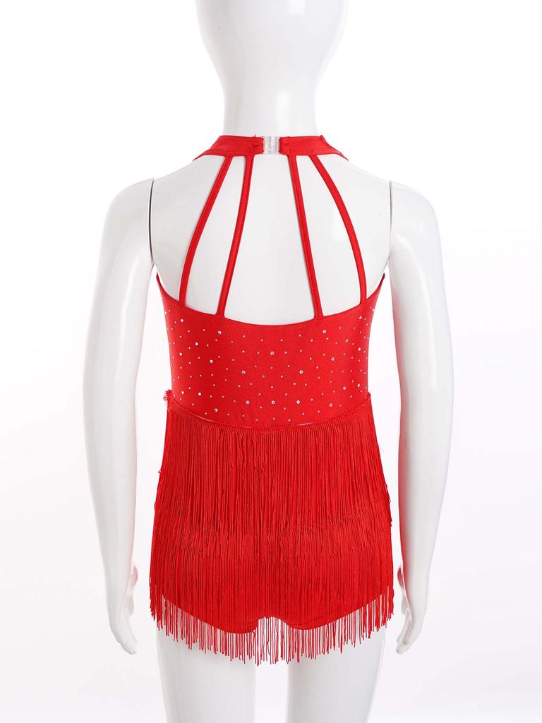 Детское платье для девочек, латиноамериканский купальник, танцевальный костюм, стразы, бахрома, боди, юбка, платье, халтер, V-образный вырез, без рукавов, комбинезон с кисточками