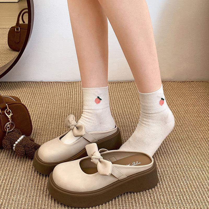 Тапочки-мешки с толстой подошвой и бантом в стиле ретро для женщин, летняя одежда 2025 года, новые полутапочки Мэри Джейн с одной педалью