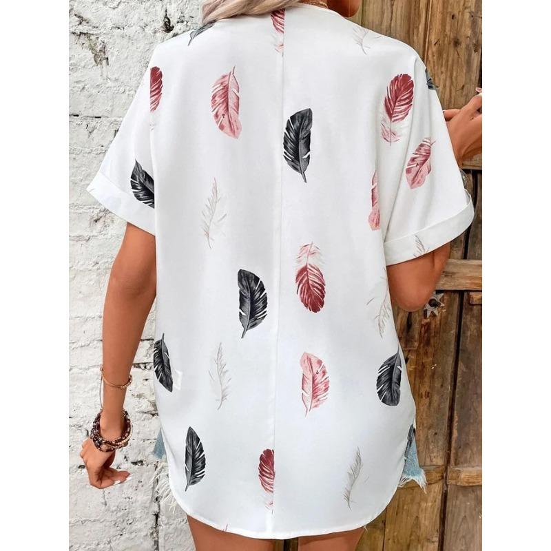 Women's Fashion Casual Summer Spring Feather Print Short Sleeve POLO Neck Blouses & Shirts