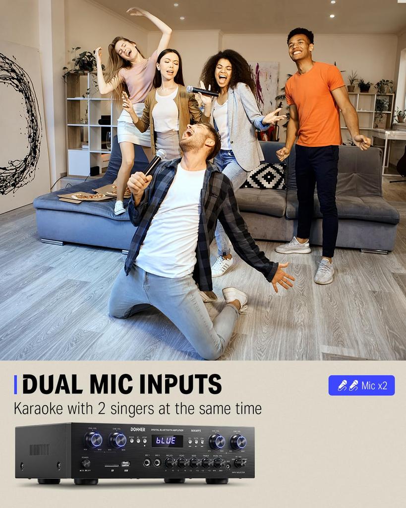 Donner Усилитель мощности Аудиоусилитель Выход 440 Вт Аудио Стерео Ресивер Студийный Домашний Использование MAMP5 Bluetooth5.0 USB/SD/FM/2MicINEcho/RCA/LED