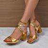 Женские золотые серебряные босоножки на высоком каблуке Лето 2024 Новые женские босоножки с квадратным носком и толстым каблуком Женские туфли-лодочки с ремешком на щиколотке