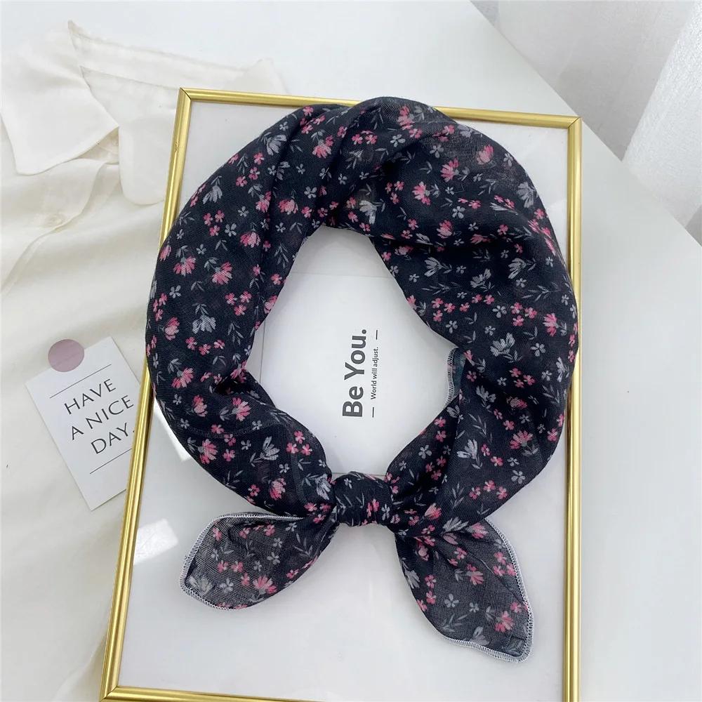 Floral Print Neckerchief Small Hijab Scarfs Women Fashion Handkerchief Neck Scarf Shawls Cotton Blends Korean Hair Scarves 58CM
