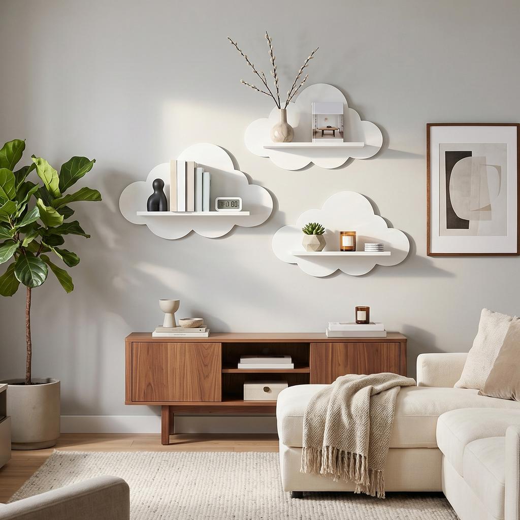 3Pcs Cloud-shaped Modern Wall Bookshelf Multifunctional Modern Style Wooden Wall Storage Rack for Living Room Display Stands