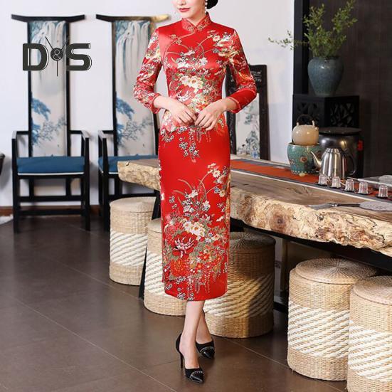 Women Dress Chinese National Style Floral Print Stand Collar Three Quarter Sleeves High Side Split Chinese Knot Buttons Cheongsam Satin Silky Slim