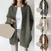 Women Coat Round Neck Long Sleeve Solid Color Knitting Outwear Solid Color Loose Fit Mid-length Coat