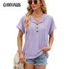 Летняя женская футболка, новая однотонная свободная футболка с короткими рукавами и пуговицами, топ
