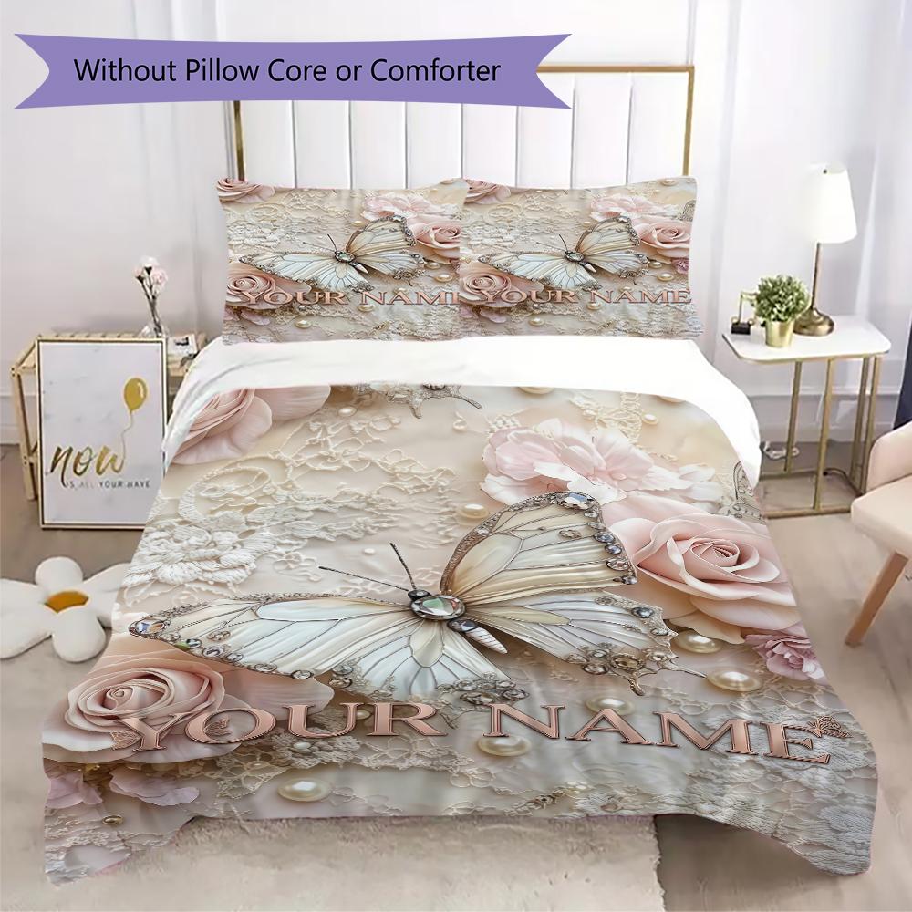 Custom Name Elegant Butterfly Lace Bedding,Quilt Set Quilt Cover Pillowcase Home Birthday Gift(1 * duvet cover + 2 * pillowcase, without core)_lx
