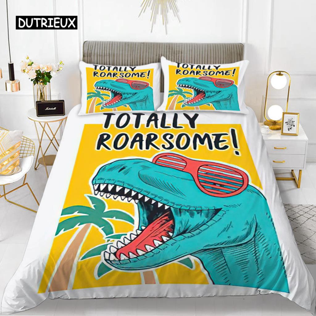 Cartoon Dinosaur Duvet Cover Set King Microfiber Cute Cartoon Dino Comforter Cover Set Jungle Animals Bedding Set for Baby Girls
