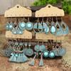 Vintage Boho Blue Stone Turquoise Drop Earrings Set Ethnic Geometric Tassels Bronze Pendant Ear Women's Trendy Zircon