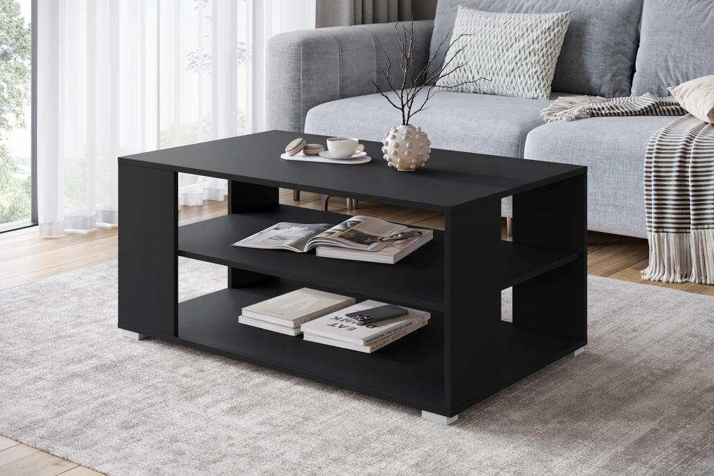 Modern simple rectangular coffee table with shelves 100 cm Matte black