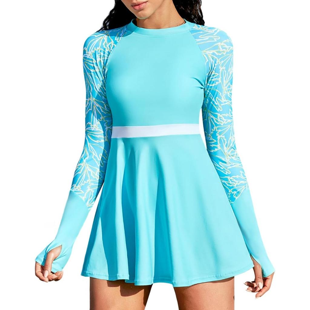 CHARMLEAKS Скромные женские купальники из 2 предметов, платье для плавания с трусами, молния, UPF 50+, рашгард, платье с отверстиями для большого пальца