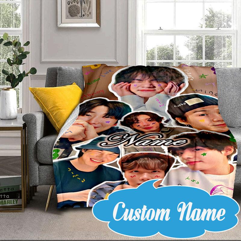Custom Name BT K-pop Collage Vibes Blanket bed sofa Blanket Flannel Blanket for Camping, Hiking, Picnic Essentials,gift for Fan family